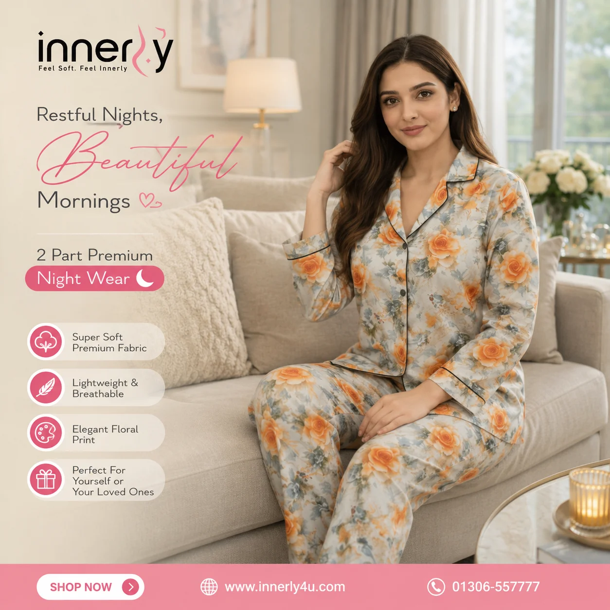 2 Part Printed Full Sleeve PJ Set - Creamy